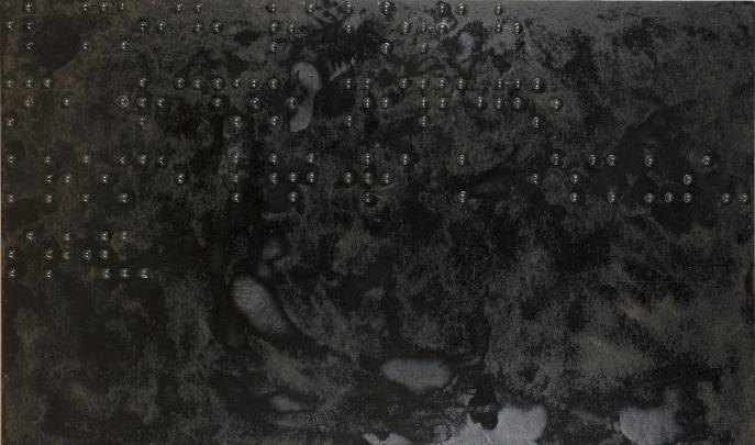 Painting with splotchy varying tones of black; Braille writing appears on the top half of the painting