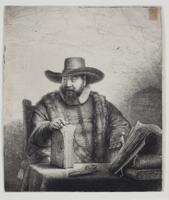 Etching of bearded man wearing a hat and a fur-trimmed jacket, sitting at a table with books, looking to his right