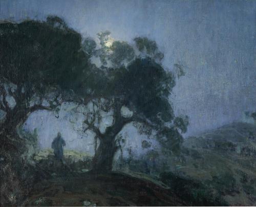 Painting of moonlit scene with figure standing under two trees in a hilly landscape