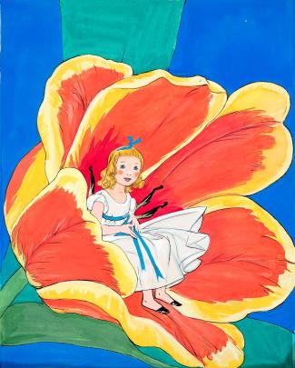 Drawing of a young blond girl in a white dress sitting inside a red and yellow tulip